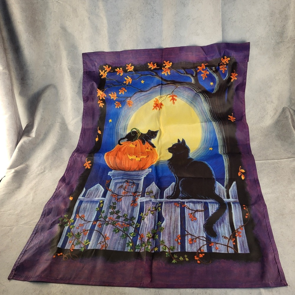 Halloween House Porch Flag 27.5" x 39" Black Cat Full Moon Pumpkin Geneva '99